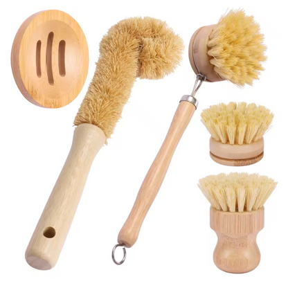 Set of bamboo dish brushes with natural bristles on a white background