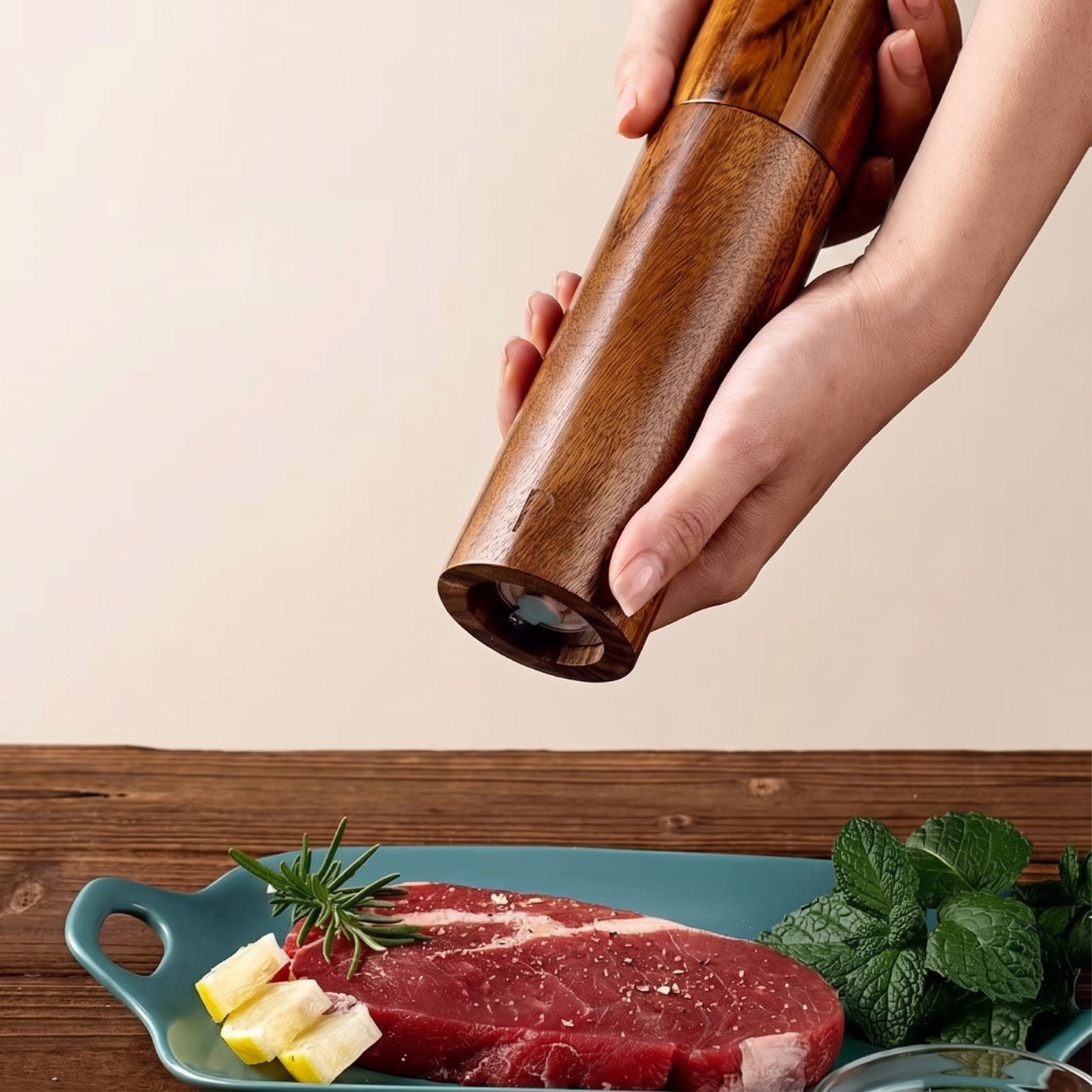 A person's hands holding a wooden pepper mill over a raw steak on a teal serving tray with butter, rosemary, and mint, set on a wooden table against a beige background.