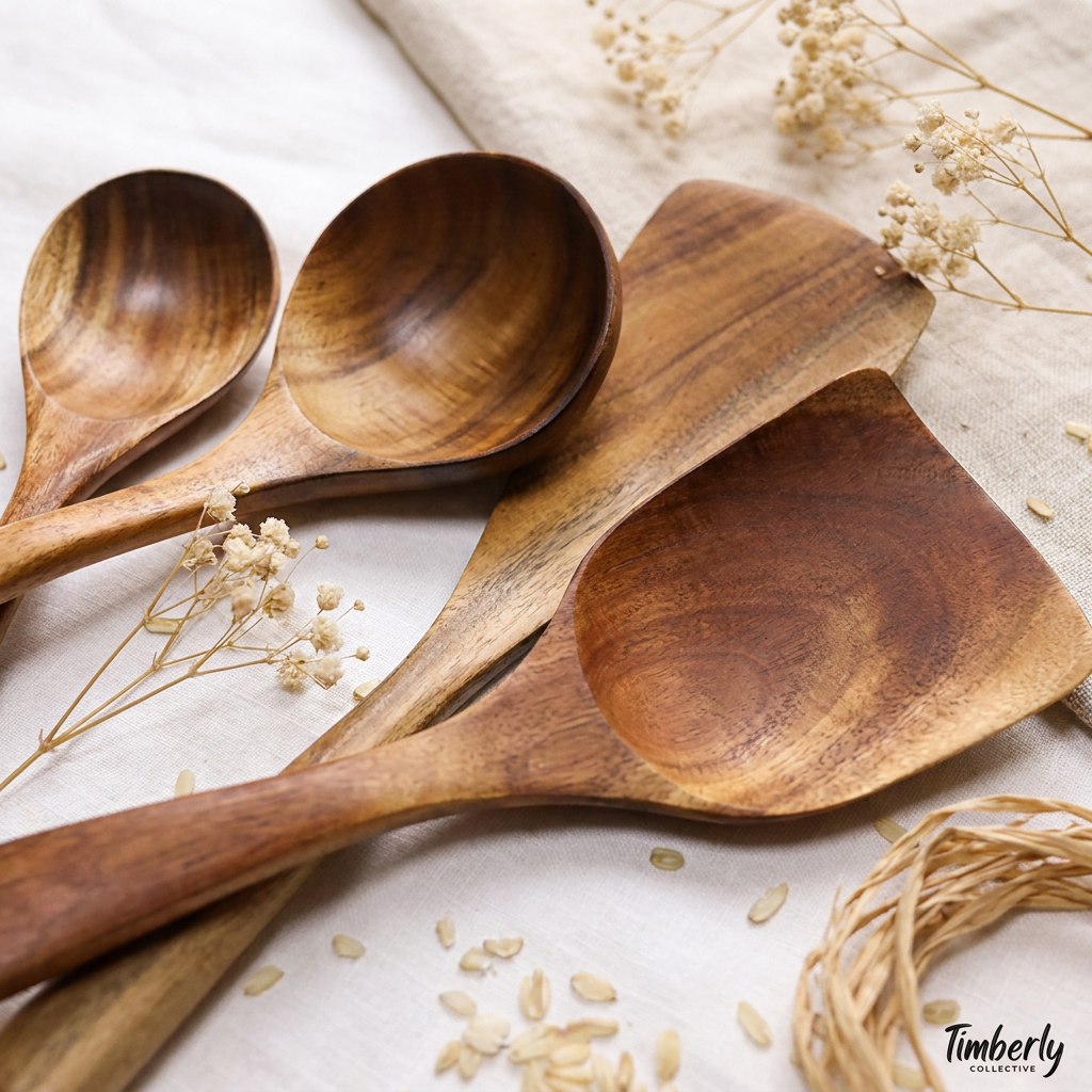 Four wooden kitchen utensils, including two spoons and two spatulas, arranged on a light beige linen cloth with dried flowers and rice grains. The brand name 'Timberly' is visible in the bottom right corner.
