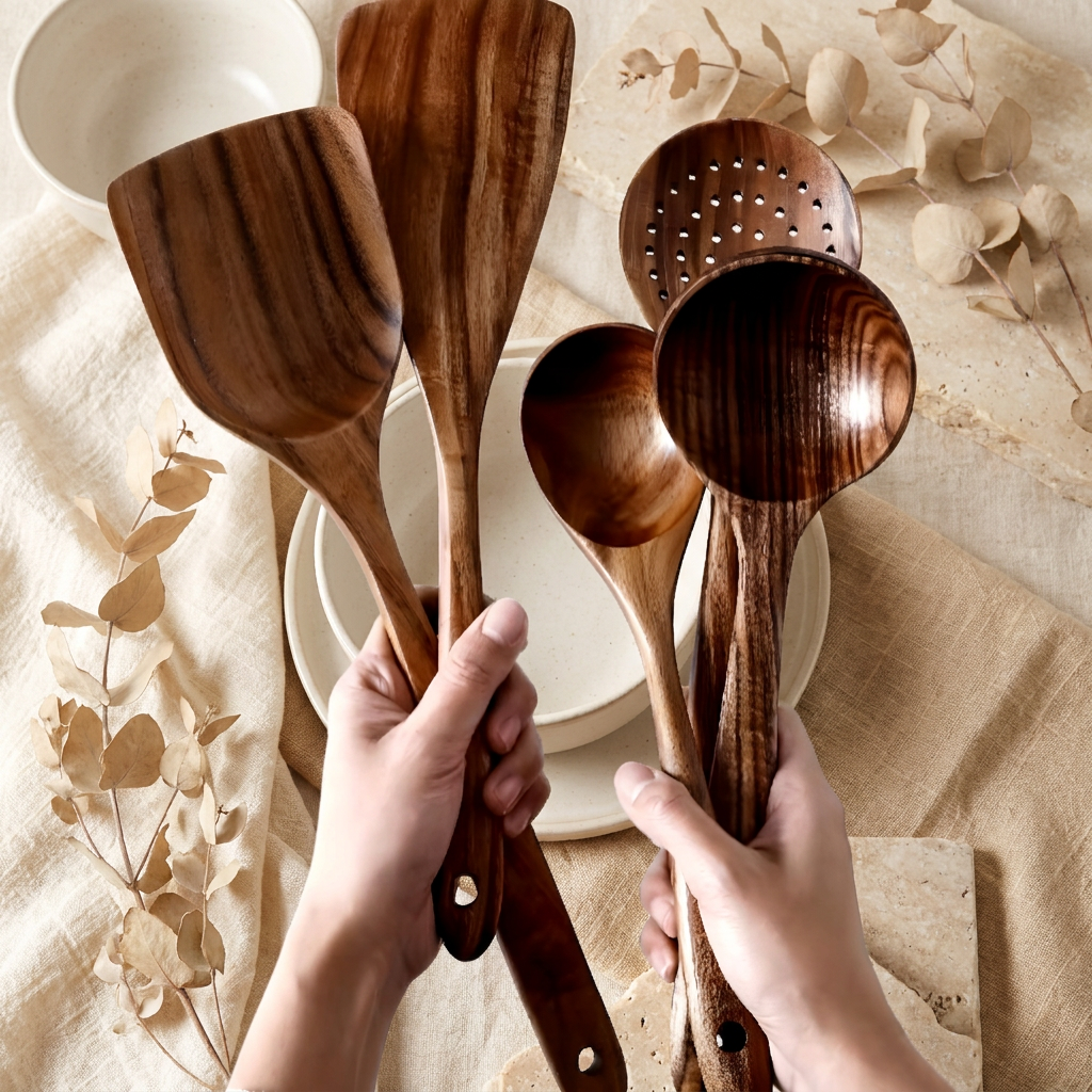 A set of dark brown wooden kitchen utensils, including spatulas and spoons, held by two hands over a beige linen tablecloth with dried flowers and white plates.