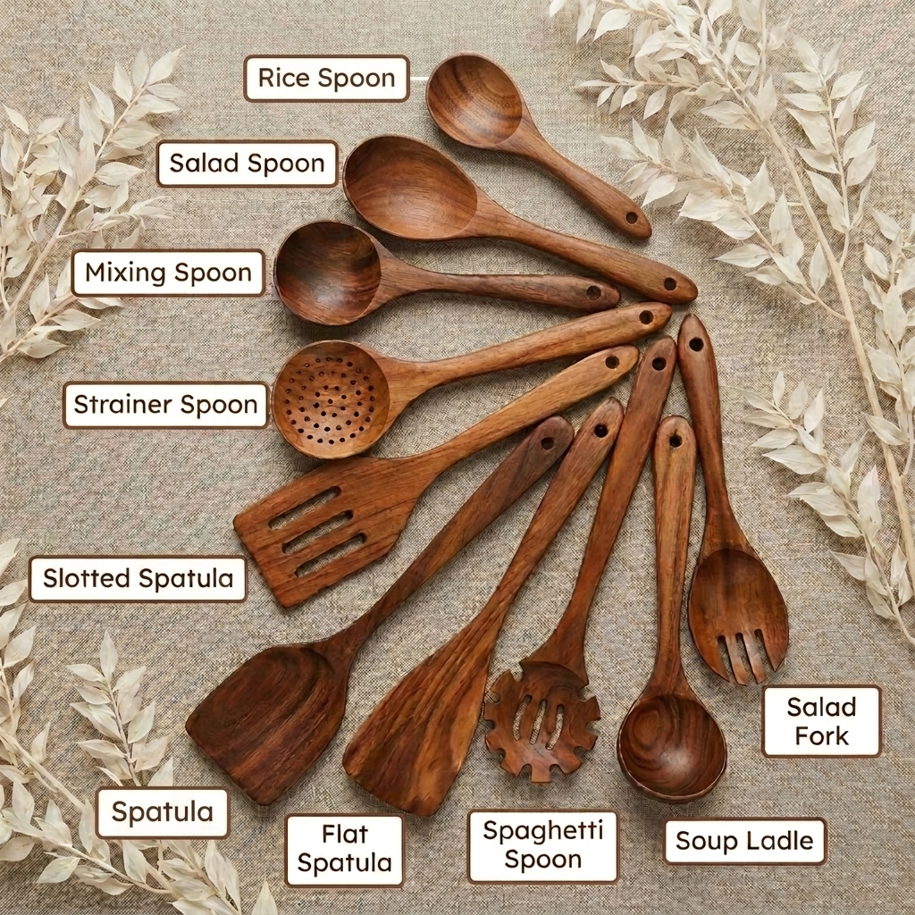 A set of wooden kitchen utensils arranged in a fan shape on a textured beige fabric background with decorative dried leaves. The utensils include labeled pieces: rice spoon, salad spoon, mixing spoon, strainer spoon, slotted spatula, spatula, flat spatula, spaghetti spoon, salad fork, and soup ladle.