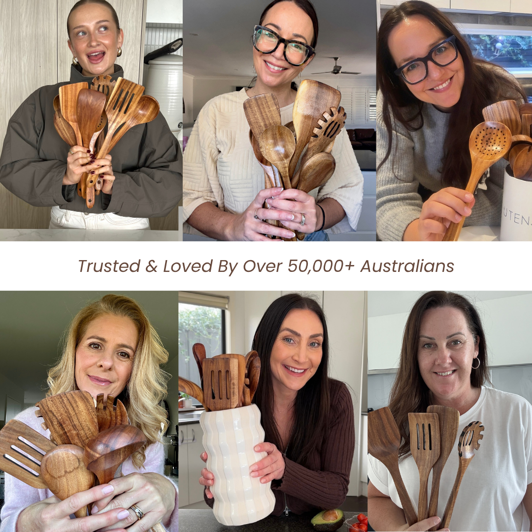 A collage of six women holding wooden kitchen utensils in different home kitchen settings, with a central text banner reading 'Trusted & Loved By Over 50,000+ Australians'. The utensils include wooden spoons, spatulas, and a white ceramic utensil holder.