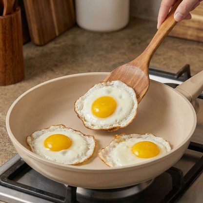 A beige non-stick frying pan on a gas stove with three sunny-side-up eggs cooking in it, and a hand holding a wooden spoon lifting one egg. Wooden cutting boards and a white container are blurred in the background.